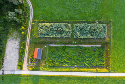 Aerial view of biological wastewater treatment plant in Peretshofen near Dietramszell, T?lzer Land, Upper Bavaria, Bavaria, Germany photo