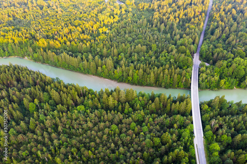 Aerial view of Tattenkofen bridge over Isar River near Geretsried, Nature Reserve Isarauen, Upper Bavaria, Bavaria, Germany photo