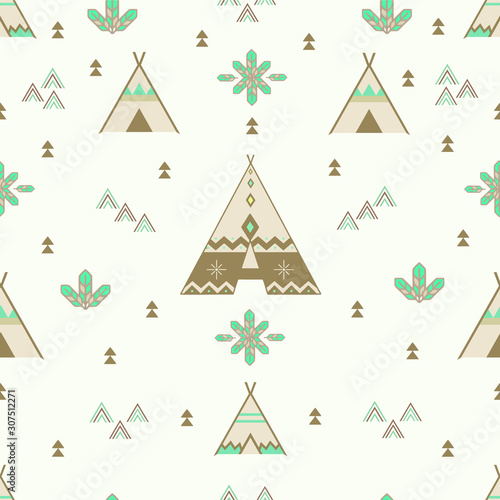 Seamless Indian Woodland Arrows and Teepee pattern , Tribal tent, aztec design. aztec wallpaper. vector illustration.