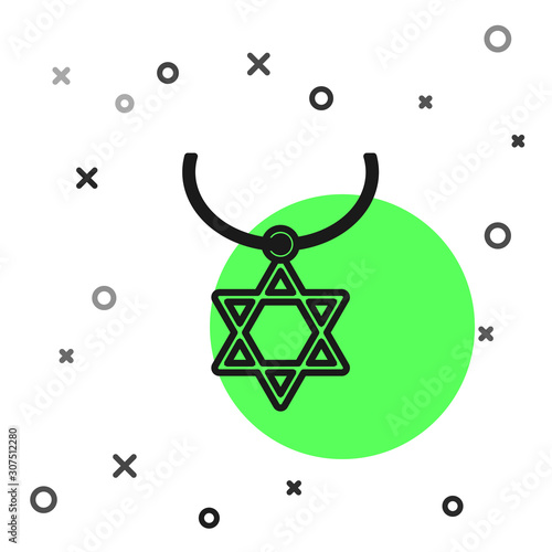 Black line Star of David necklace on chain icon isolated on white background. Jewish religion symbol. Symbol of Israel. Jewellery and accessory. Vector Illustration