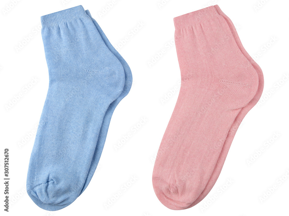 set of blue and pink female fabric socks on a white background, short set of blue and pink female fabric socks on a white background, short