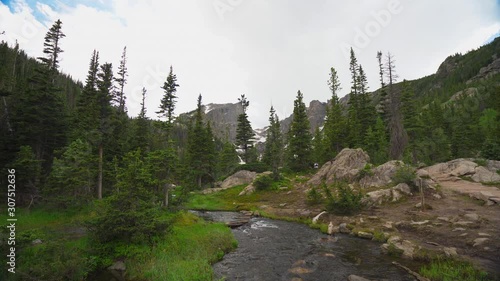 Hikers walking along side a stream.