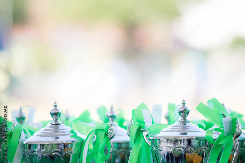 A beautiful background image of a silver trophy tied with a green bow with a backdrop of blurry bokeh of an outdoor football stadium.