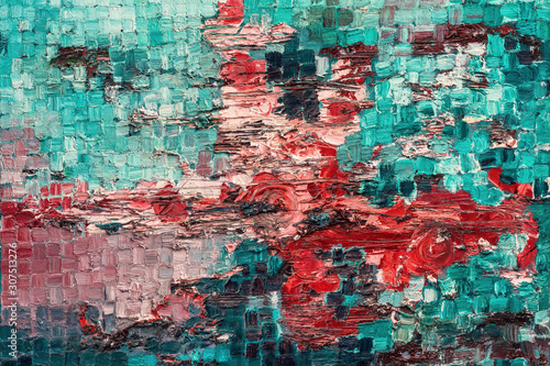 Close-up of oil painted picture. Abstract texture and background in emerald and red tones