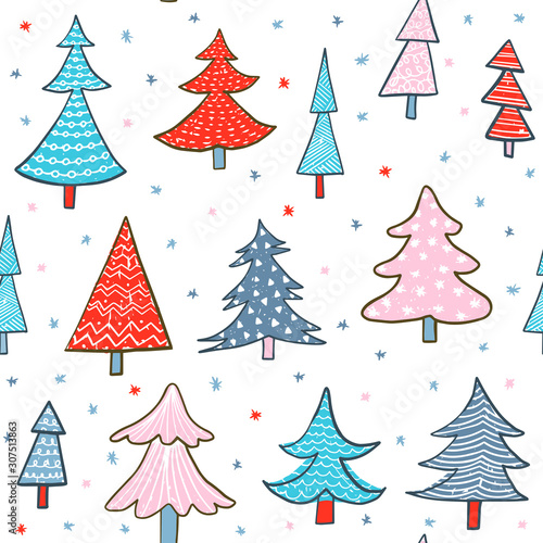Cute hand drawn vector seamless pattern with Christmas trees in blue, red and pink colors