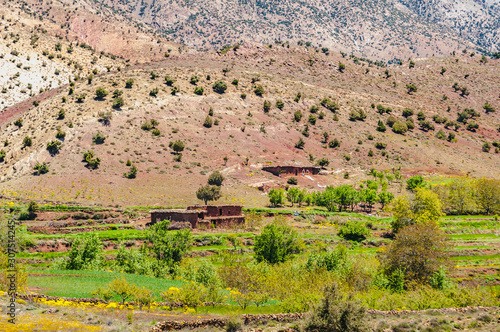 View of adobe village in the high mountains in the A  t Bouguemez valley in Morocco