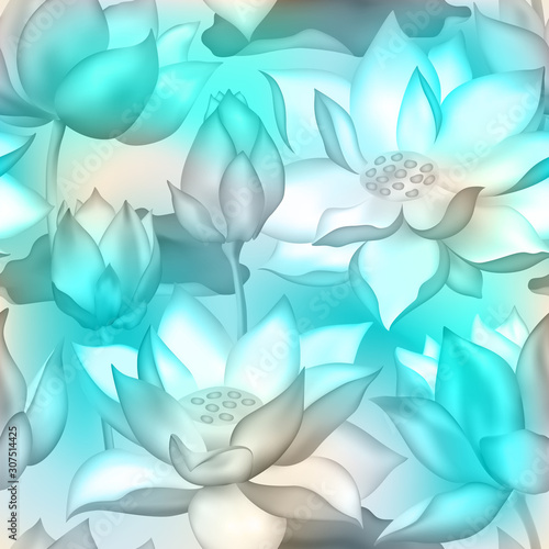 Lotus buds and flowers seamless background., Water lilly nelumbo aquatic plant illustration.