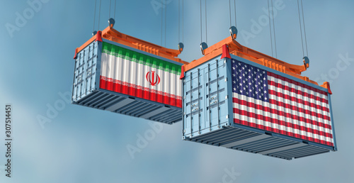 Two freight container with USA and Iran flag . 3D Rendering