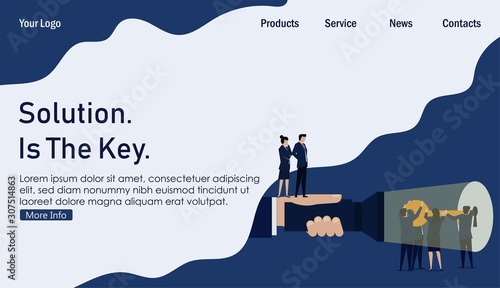 Business leader see team try to unlock keyhole teamwork. Business Landing Page Template.