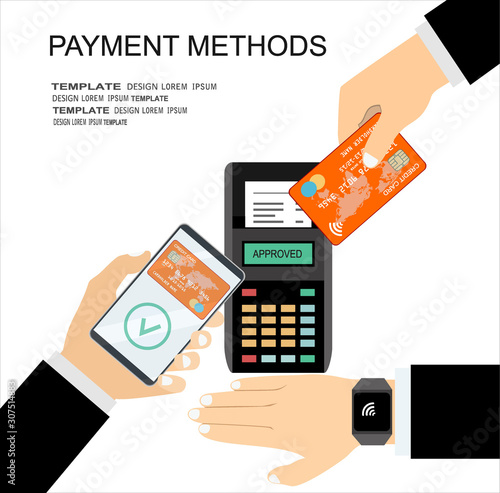 Hands with smartphone, smartwatch and bank card near POS terminal. Wireless, contactless or cashless payments, rfid nfc. Vector illustration in flat style