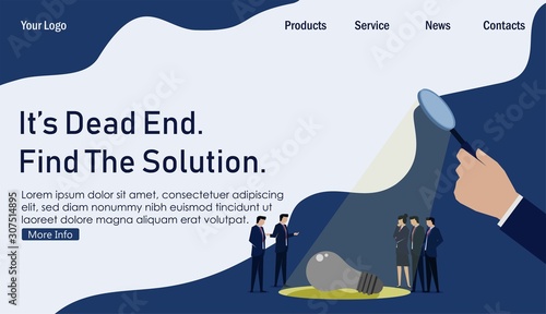 Business team search reason to see dead idea illuminated by magnify. Business Landing Page Template.