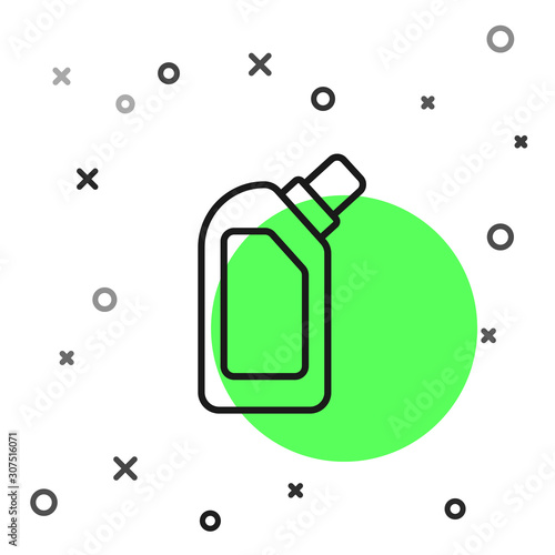 Black line Plastic bottle for liquid laundry detergent, bleach, dishwashing liquid or another cleaning agent icon isolated on white background. Vector Illustration