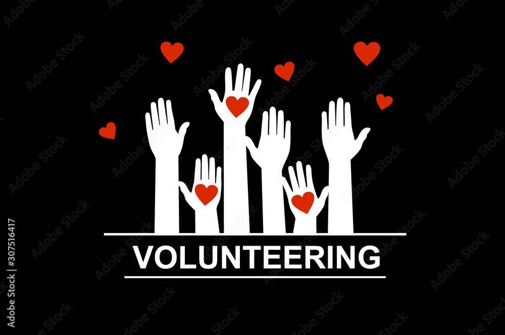 Fototapeta premium Hands with hearts. Raised hands volunteering vector concept
