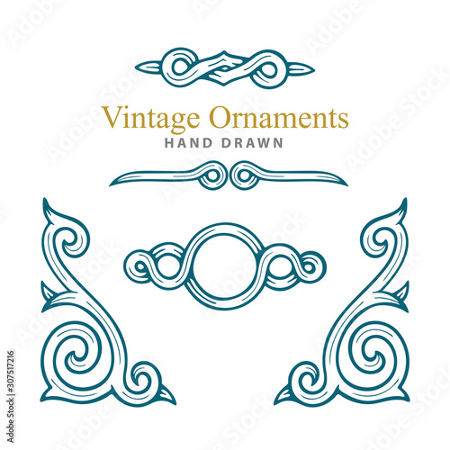 Vintage ornaments set. Hand drawn engraved style vector corner ornament, divide and decorative elements. Part of set. 
