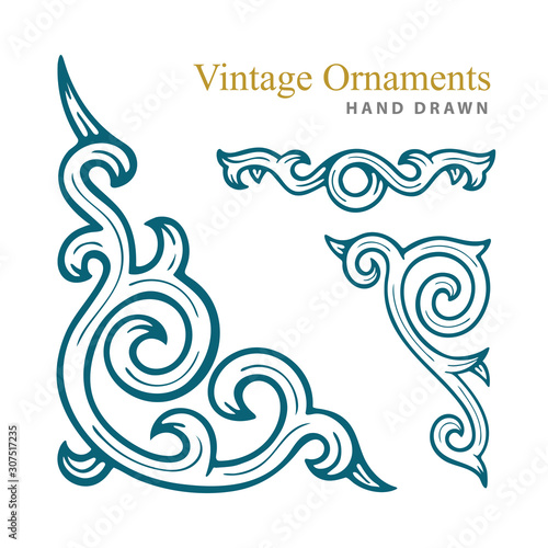 Vintage ornaments set. Hand drawn engraved style vector corner ornament, divide and decorative elements. Part of set. 