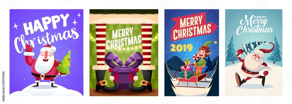 Set of Merry Christmas and Happy new Year greeting cards design with Christmas characters. Vector illustration Set of Merry Christmas and Happy new Year greeting cards design with Christmas characters. Vector illustration