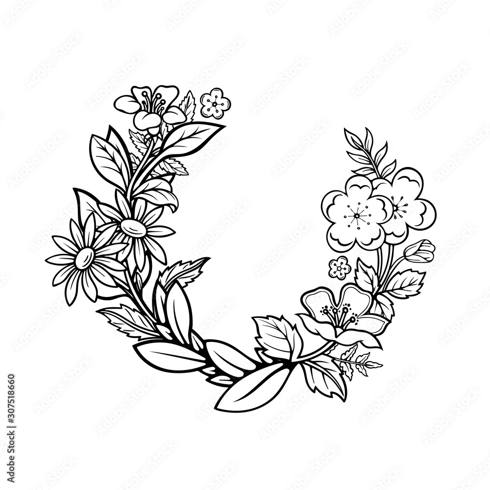 Floral wreath. Hand drawn different flowers and plants wreath vector illustration. Sketched floral frame. Part of set. 