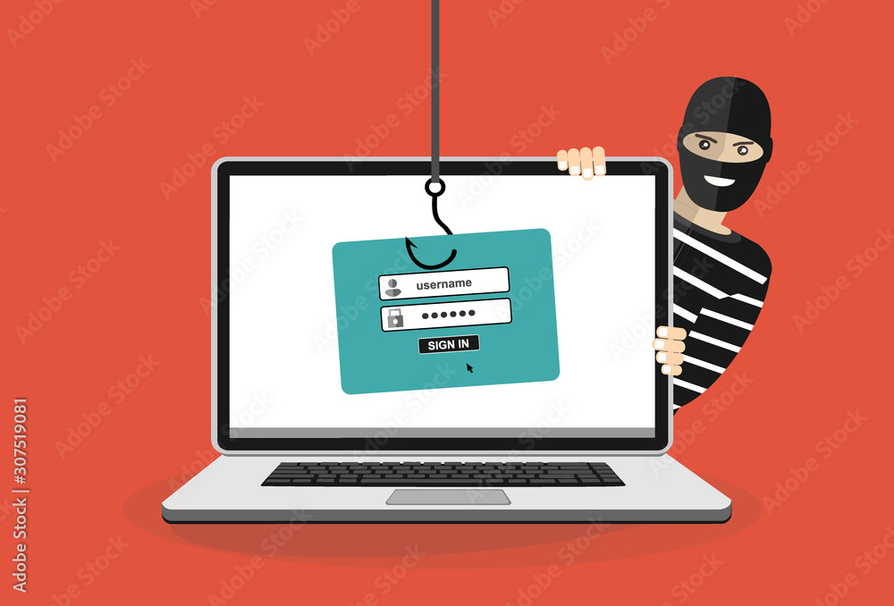 Thief hacker in mask stealing passwords from laptop. anti phishing and internet viruses concept. Cartoon Vector Illustration. Thief hacker in mask stealing passwords from laptop. anti phishing and internet viruses concept. Cartoon Vector Illustration.