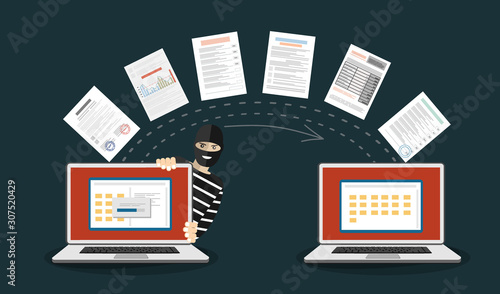 Data phishing, hacker attack.Thief hacker in mask stealing personal information from laptop. Useful for anti phishing and internet viruses campaigns. Concept hacking . Vector Illustration.