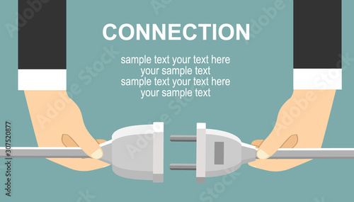 Connection, disconnection electricity. Men are holding in hand plug and socket to connect. 404 error, page not found, connection error or time out. Vector illustration flat design.
