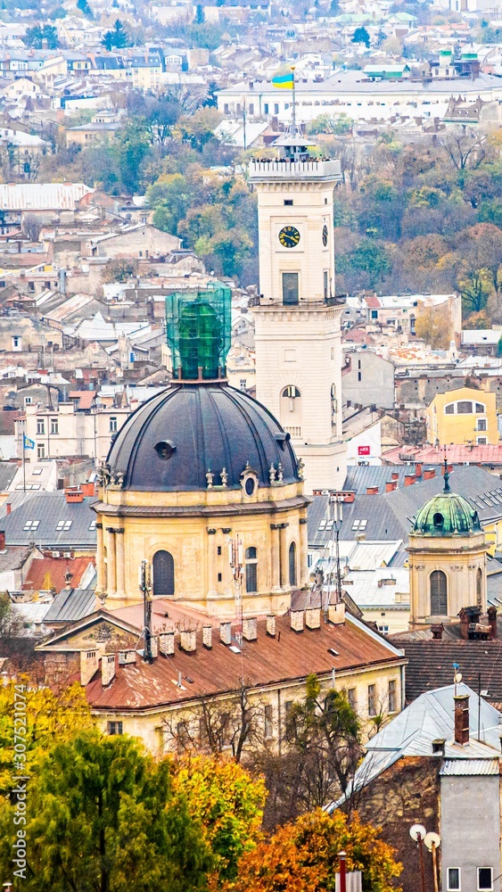 Lviv cityscape autumn, ancient buildings. Townhall, Dominican Cathedral, Latin cathedral.