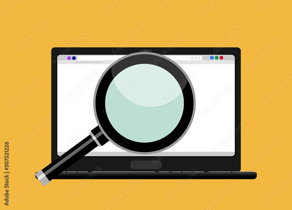 Laptop with browser. Search. Vector illustration in flat design.