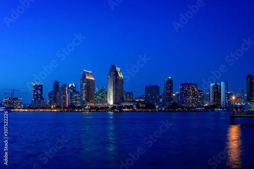 Evening view San Diego Downtown and Gas Lamp District from Coronado Island