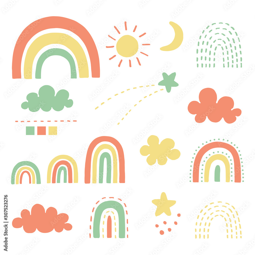 Doodles rainbow clip arts set vector illustration.