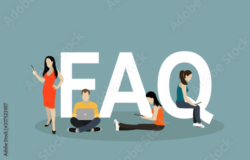 Frequently asked questions concept illustration of young people standing near letters and using smart phone, laptop and digital tablet. Flat women and men with letters symbols faq on white background