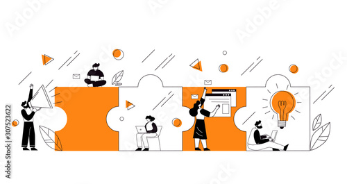 The concept of joint teamwork, building a business team. Vector illustration of working characters, people connecting pieces of puzzles.