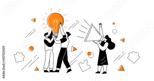 The concept of joint teamwork, building a business team. Vector illustration of working characters, people connecting pieces of puzzles.