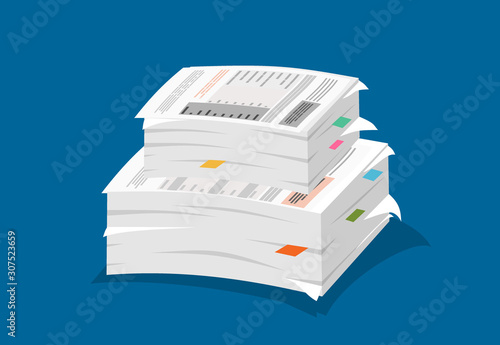 Stack of papers on blue background. Vector illustration in flat style