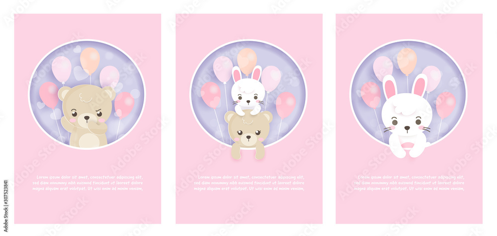 Set of cute greeting cards with rabbits and teddy bears in paper cut and craft style. 
