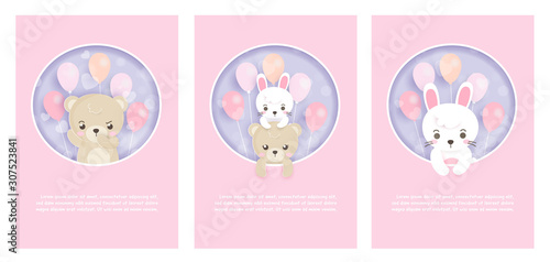Set of cute greeting cards with rabbits and teddy bears in paper cut and craft style. 