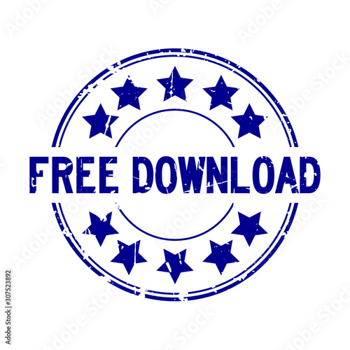 Grunge blue free download word with star icon round rubber seal stamp on white background