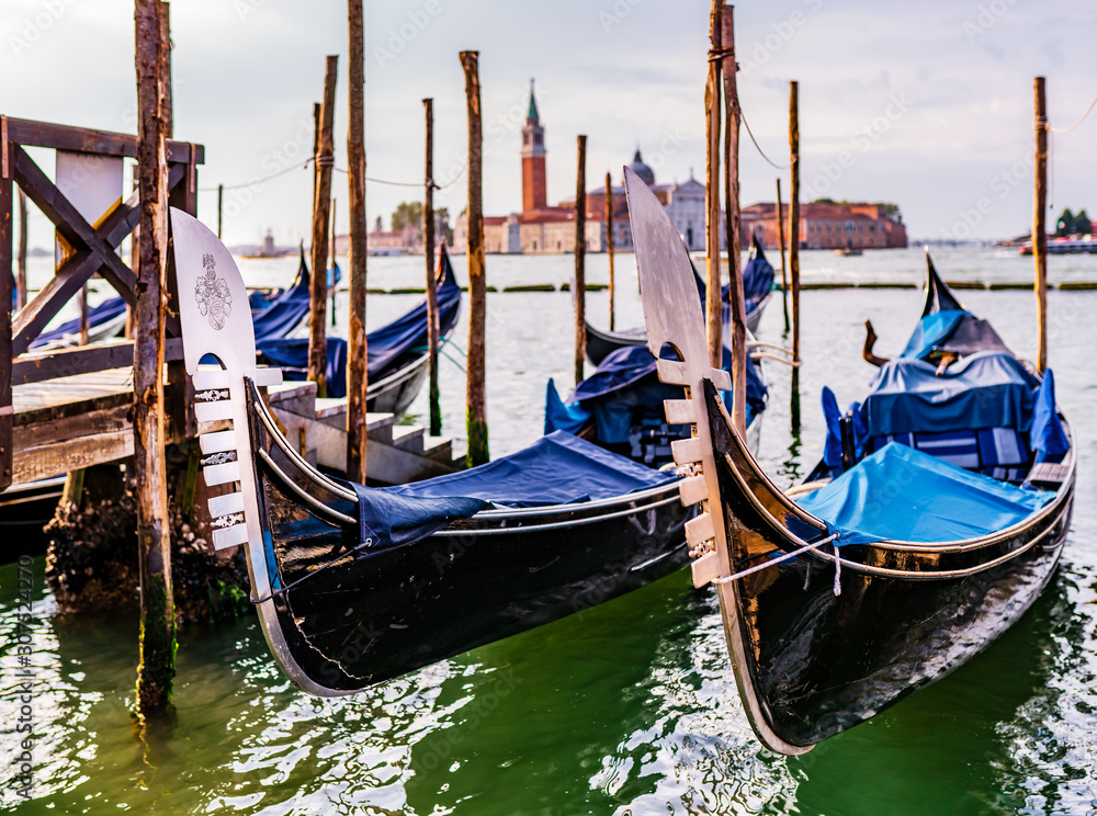 Gondolas in Venice, Italy with Church of San Giorgio Maggiore in the background. 
