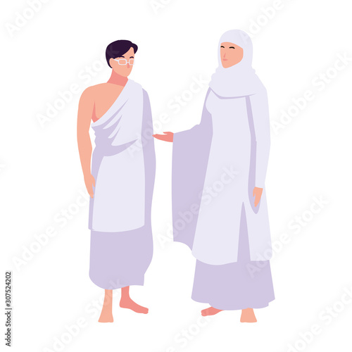 couple of people pilgrims hajj standing on white background