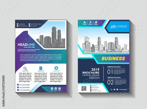 Brochure template layout, cover design annual report, magazine, flyer or booklet in A4 with blue geometric shapes on polygonal background