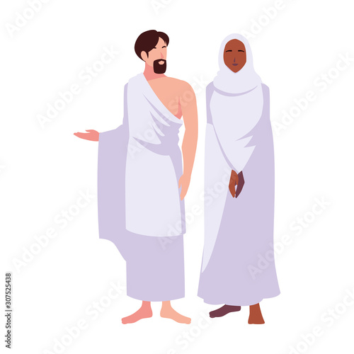 couple of people pilgrims hajj standing on white background