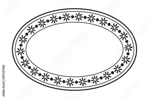 Empty blank vintage oval frame, romantic old style text box, floral border stamp, black isolated on white background, vector illustration.