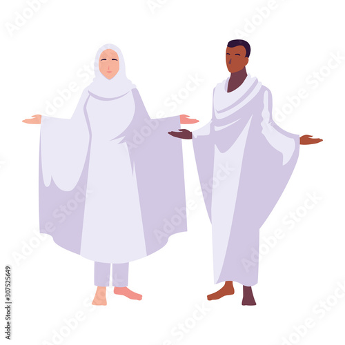 couple of people pilgrims hajj standing on white background