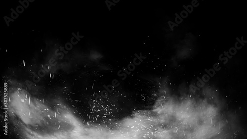 Motion smoke with fire particles embers. Stock Illustration. Fog texture on isolated black background. Design element.