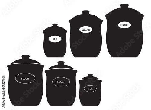vector illustration of kitchen canisters with the words tea, sugar and flour. silhouette of canister sets isolated on white background