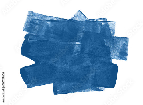 Abstract blue stroke isolated on white background. Hand drawn painted frame. Grunge Paint Roller. Modern Textured shape. Dry border. 2020 color trend