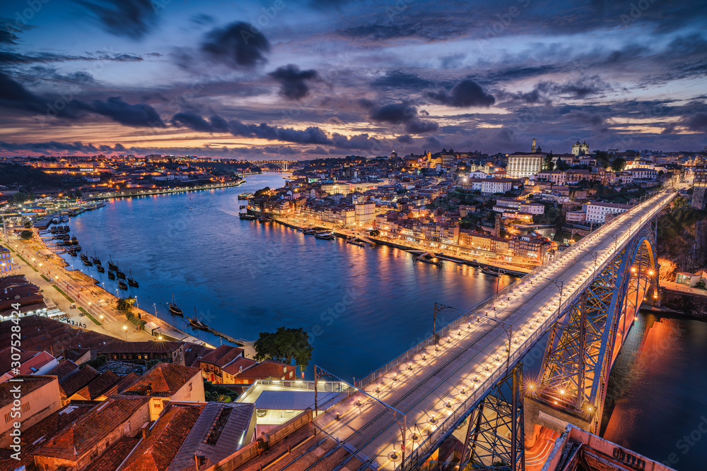 Aerial view of Porto after sunset