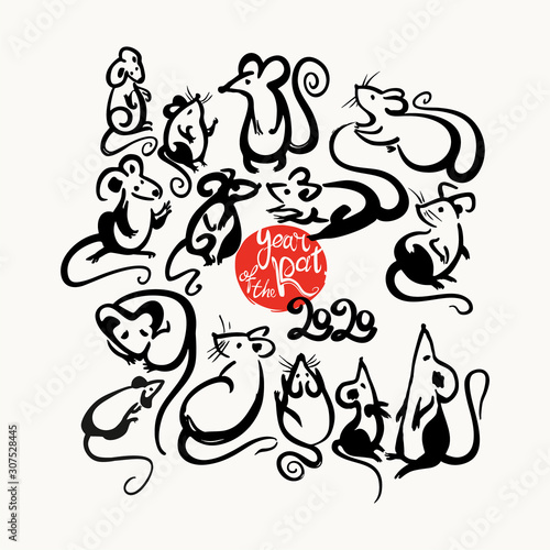 Fototapeta Naklejka Na Ścianę i Meble -  Handwritten Rats 2020. Set of brush drawn cartoon mice. Ink brush calligraphy. Red round stamp. Year of the rat on the Chinese calendar.