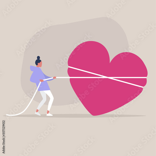Saint Valentine's Day, young female character pulling a heart with a rope, love and achievement concept