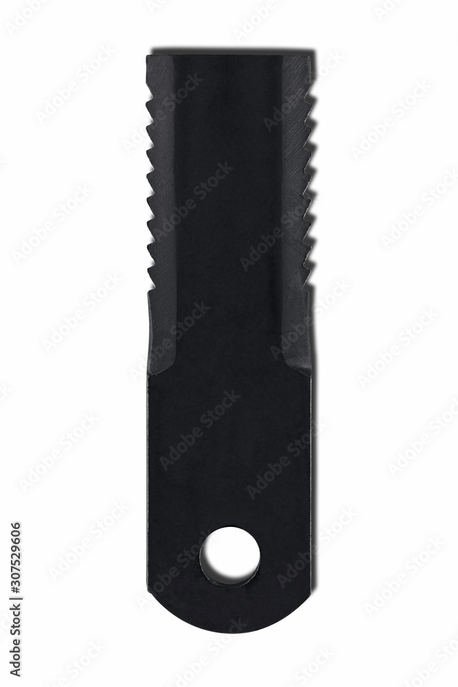 Rotary Mower Blade, Slasher Blade, rotary Cutter placed on white isolated background with shadow. Agricultural Spare Part Rotary Mower Blade, Slasher Blade, rotary Cutter placed on white isolated background with shadow. Agricultural Spare Part