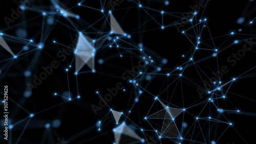 Technology network and communication with line and dot moving with transfer information data line and dot on blue background.
