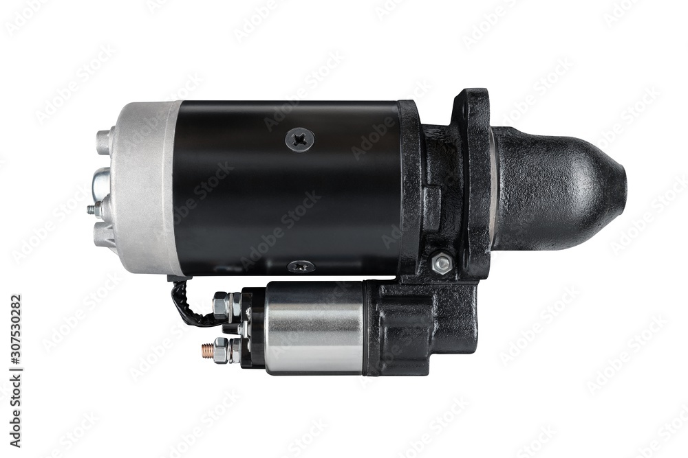 3kW starter motor for tractor or other agricultural machinery placed on white isolated background.